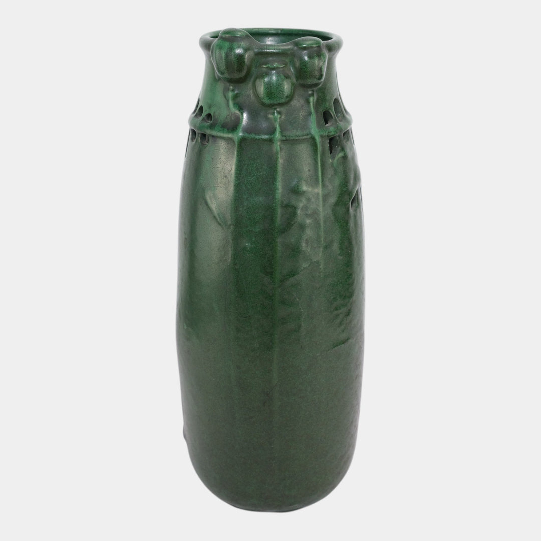 Weller Matte Green 1910s Vintage Arts and Crafts Pottery Reticulated Poppy Vase - Just Art Pottery