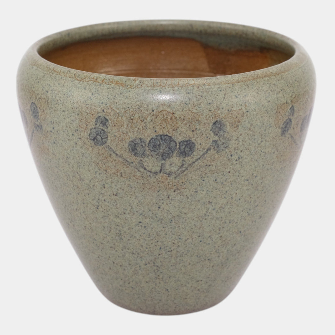 Marblehead Pottery Decorated Speckled Matte Green Blue Painted Design Vase Baggs - Just Art Pottery