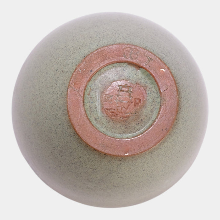 Marblehead Pottery Decorated Speckled Matte Green Blue Painted Design Vase Baggs - Just Art Pottery