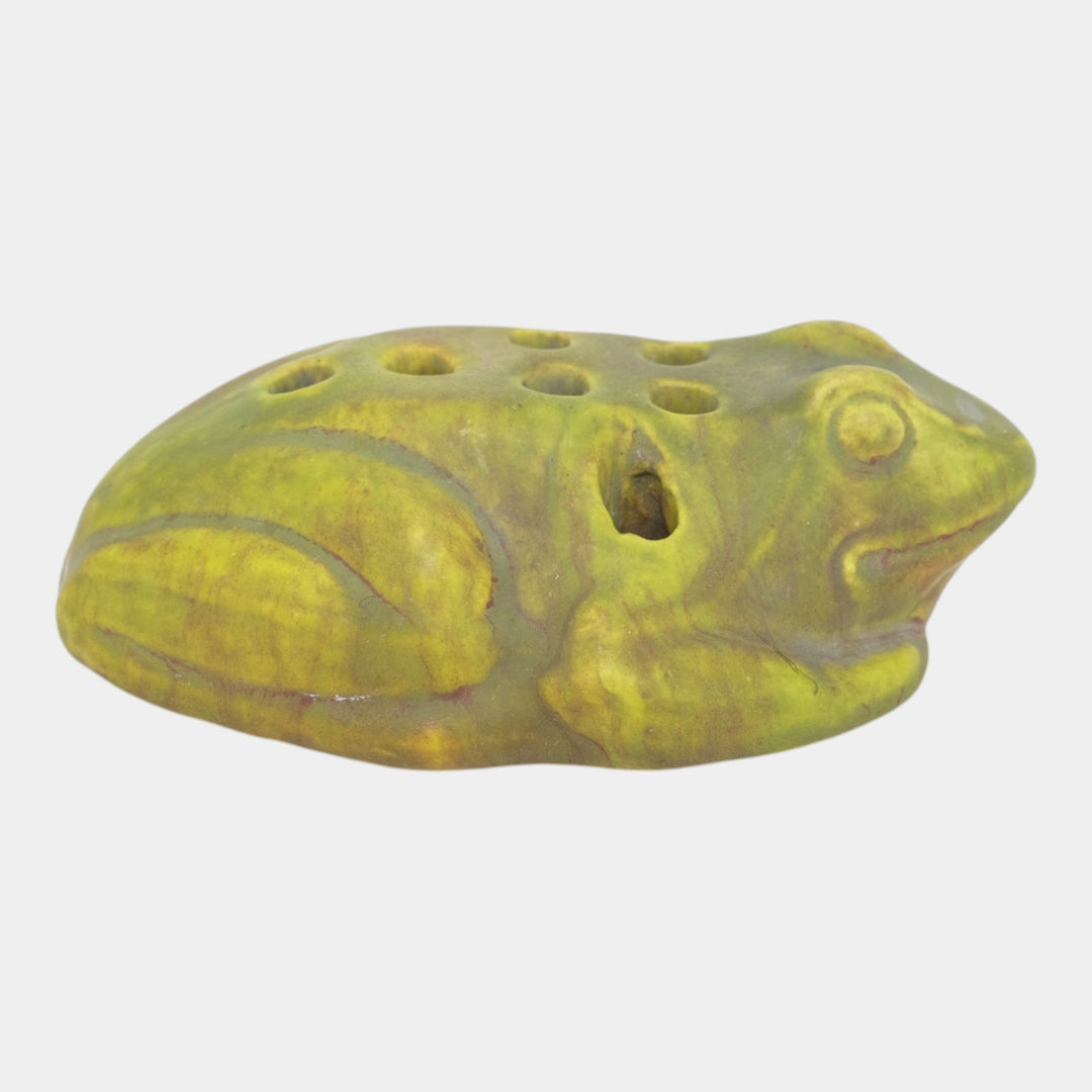 Roseville Early Carnelian Green 1916 Vintage Art Pottery Figural Flower Frog - Just Art Pottery