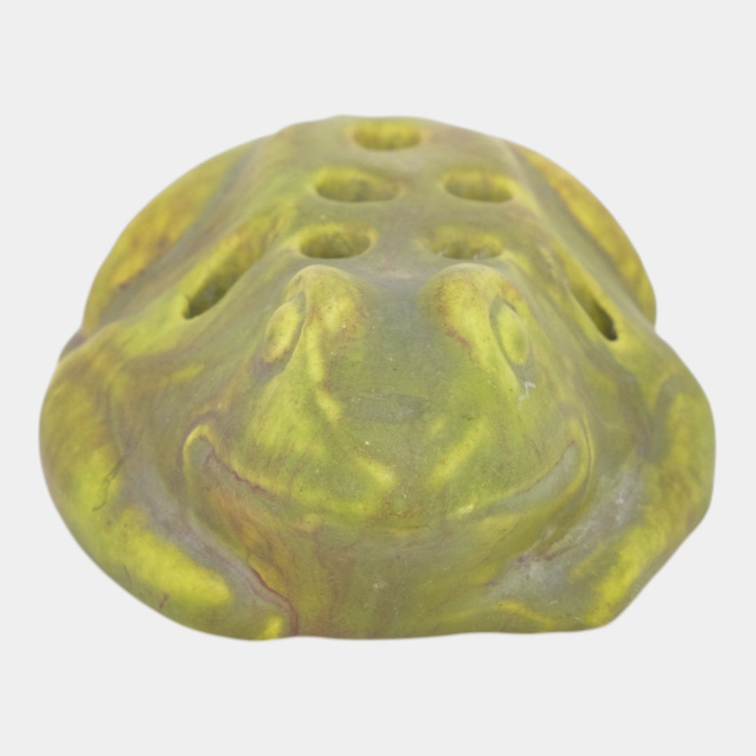 Roseville Early Carnelian Green 1916 Vintage Art Pottery Figural Flower Frog - Just Art Pottery
