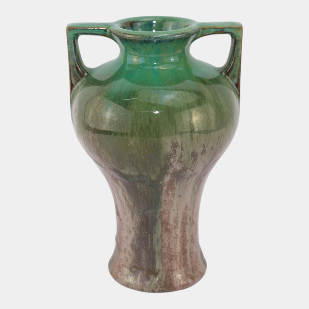 Fulper 1917-1927 Arts and Crafts Pottery Green Over Brown Drip Handled Vase 645 - Just Art Pottery