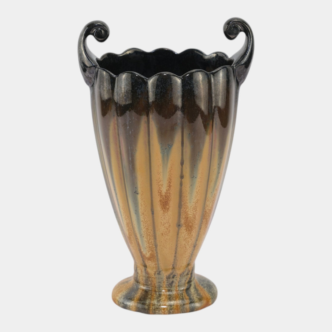 Fulper 1917-1934 Arts And Crafts Pottery Brown Black Drip Double Handled Vase - Just Art Pottery