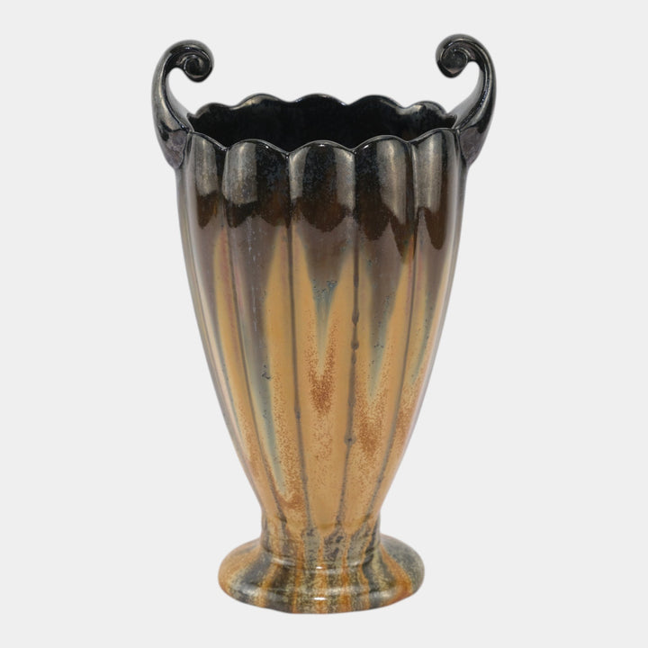 Fulper 1917-1934 Arts And Crafts Pottery Brown Black Drip Double Handled Vase - Just Art Pottery
