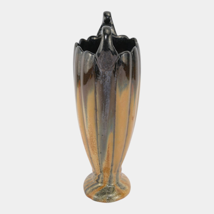 Fulper 1917-1934 Arts And Crafts Pottery Brown Black Drip Double Handled Vase - Just Art Pottery
