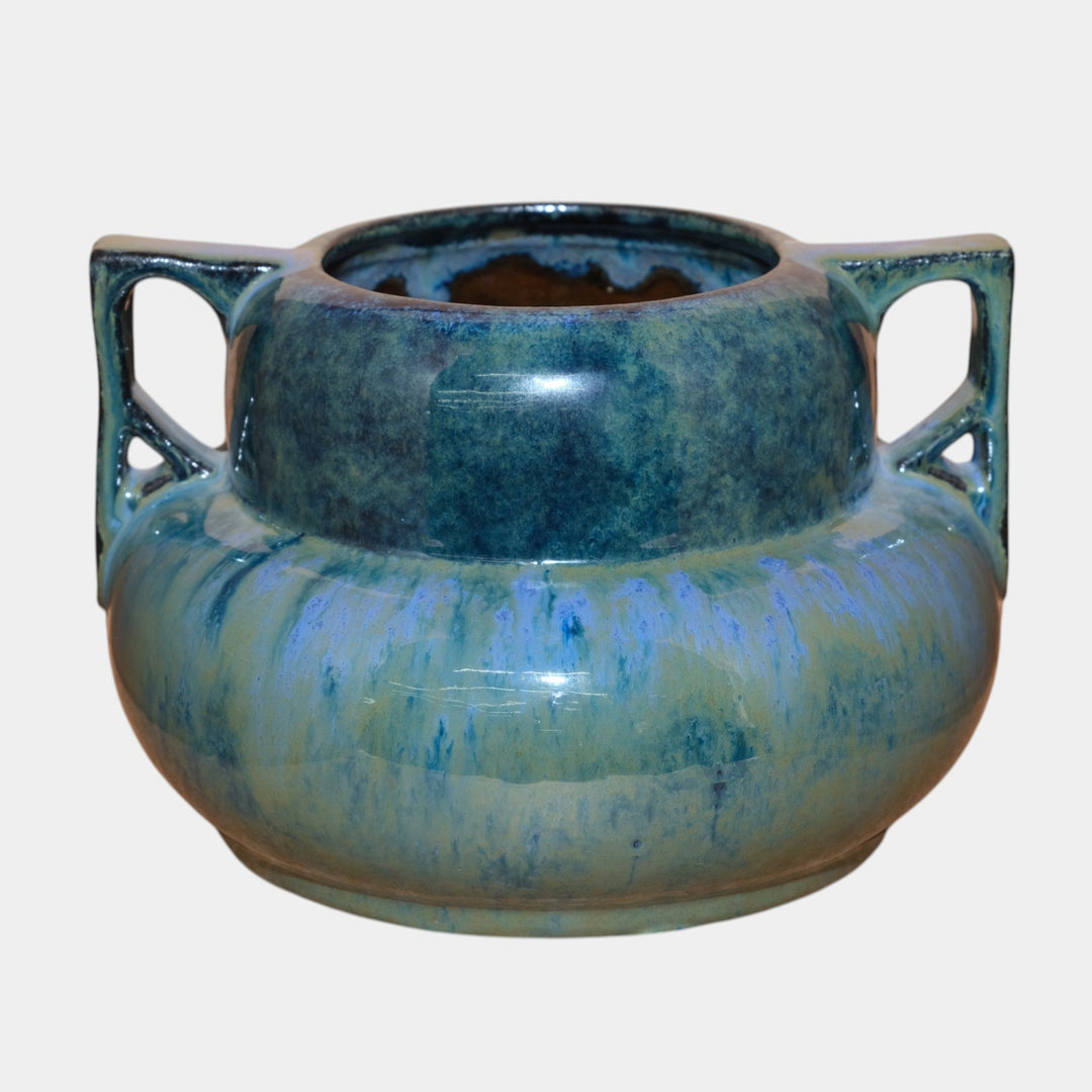 Fulper 1917-1927 Arts And Crafts Pottery Blue Green Flambe Glaze Handled Vase - Just Art Pottery