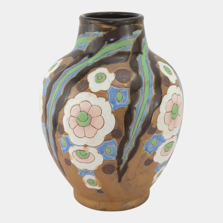 Charles Catteau For Boch Freres Keramis 1920s Art Deco Brown Floral Vase 909