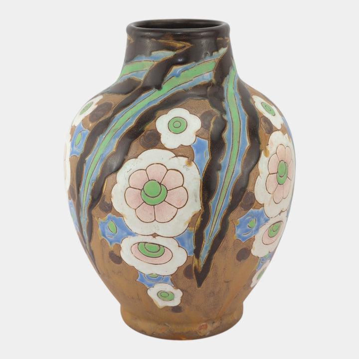 Charles Catteau For Boch Freres Keramis 1920s Art Deco Brown Floral Vase 909