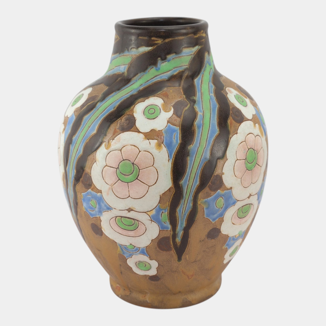 Charles Catteau For Boch Freres Keramis 1920s Art Deco Brown Floral Vase 909