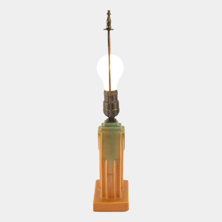 Muncie 1920s Vintage Art Deco Pottery Green Over Orange Ruba Rombic Lamp