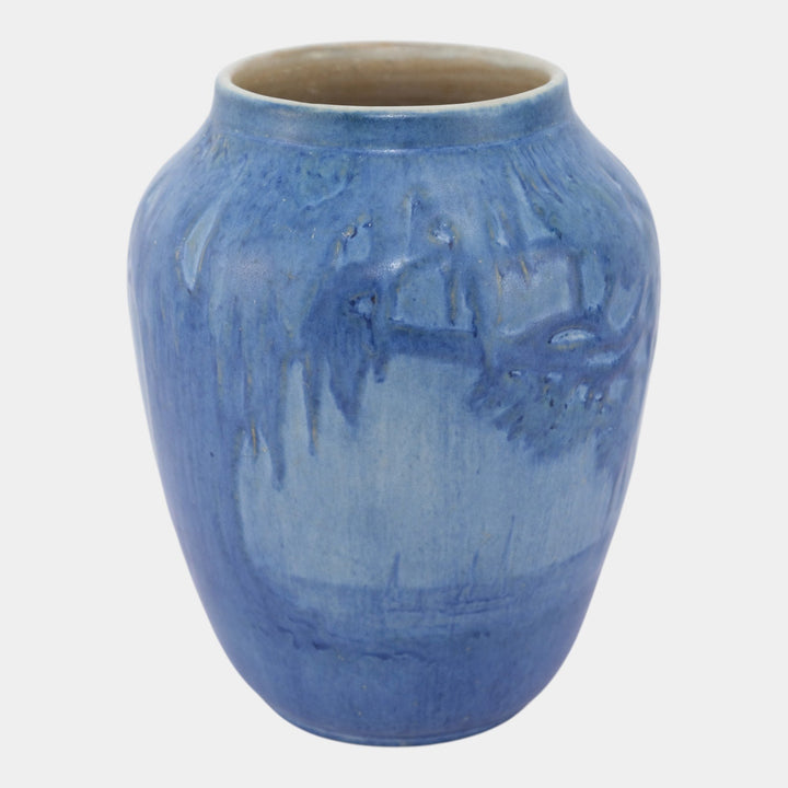 Newcomb College 1929 Vintage Arts and Crafts Pottery Blue Scenic Sail Boat Vase Bailey - Just Art Pottery