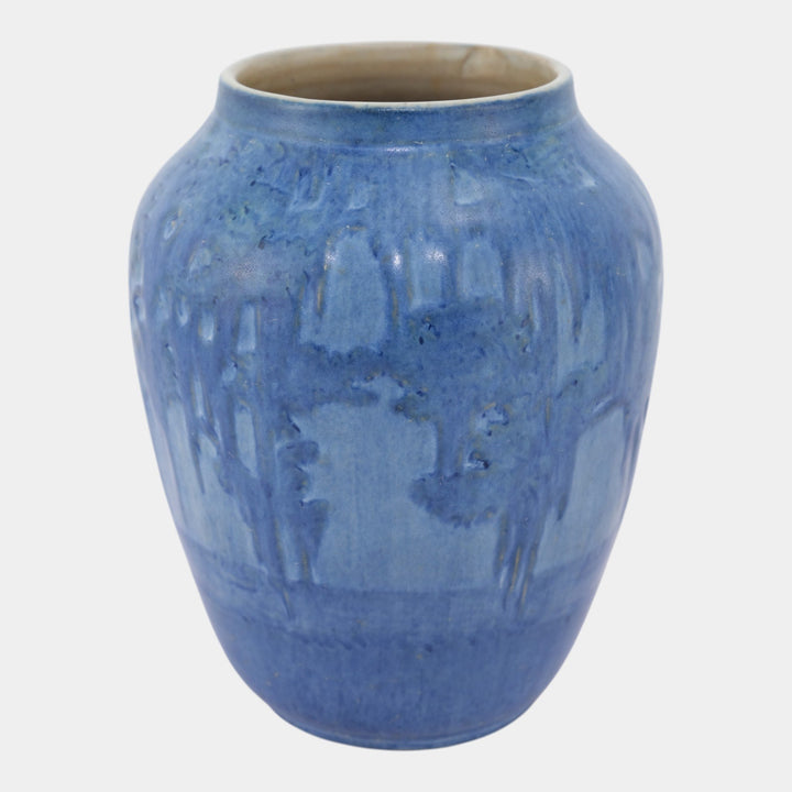 Newcomb College 1929 Vintage Arts and Crafts Pottery Blue Scenic Sail Boat Vase Bailey - Just Art Pottery