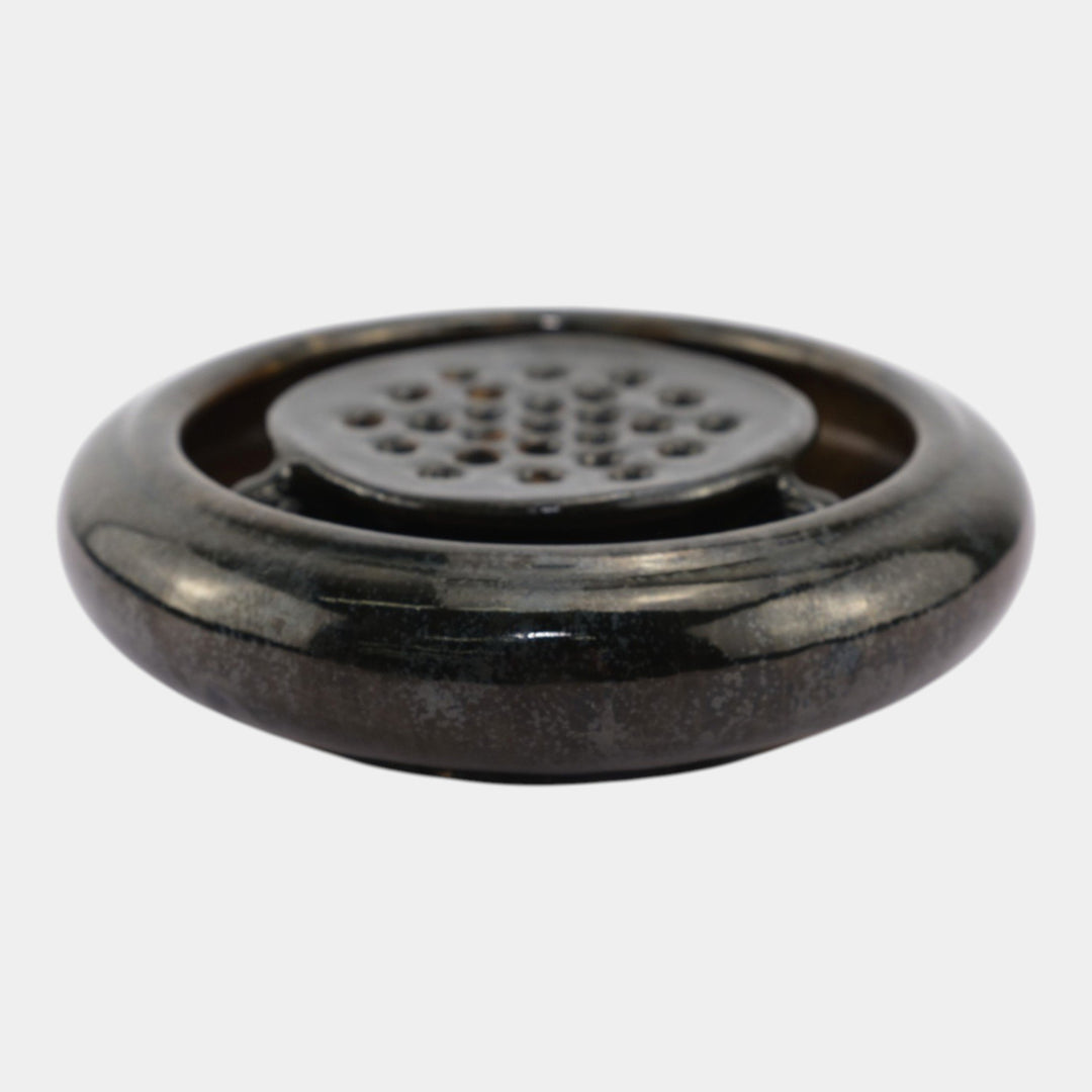 Fulper 1917-1934 Arts And Crafts Pottery Brown Glaze Bowl With Flower Frog - Just Art Pottery