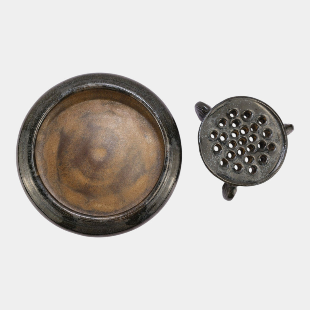Fulper 1917-1934 Arts And Crafts Pottery Brown Glaze Bowl With Flower Frog - Just Art Pottery