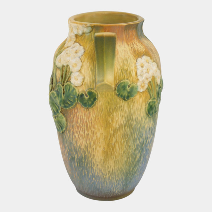 Roseville Experimental Primrose 1936 Tan Green Art Pottery Ceramic Handled Vase