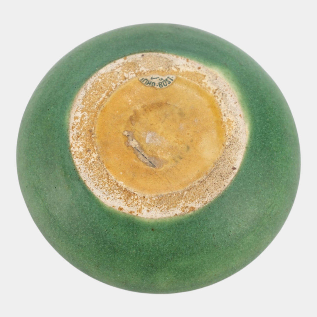 Grueby 1900s Arts and Crafts Pottery Organic Matte Green Low Rolled Rim Bowl - Just Art Pottery
