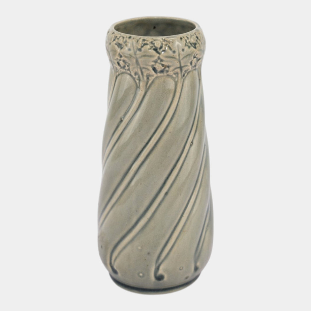 Arc En Ciel 1900s Vintage Art Nouveau Leaf Decorated Blue Gray Twist Vase - Just Art Pottery