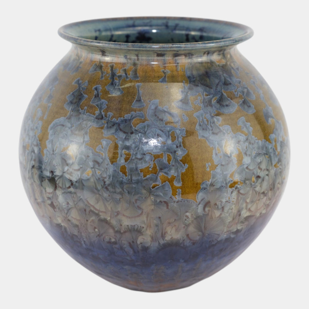 Bill Campbell Studio Art Pottery Crystalline Blue Brown Large Bulbous Vase - Just Art Pottery