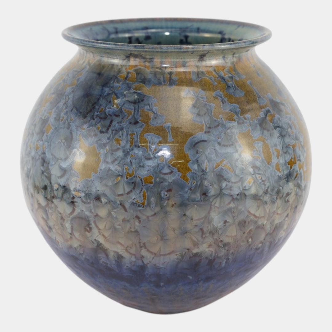 Bill Campbell Studio Art Pottery Crystalline Blue Brown Large Bulbous Vase - Just Art Pottery