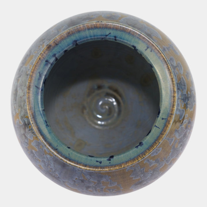 Bill Campbell Studio Art Pottery Crystalline Blue Brown Large Bulbous Vase - Just Art Pottery