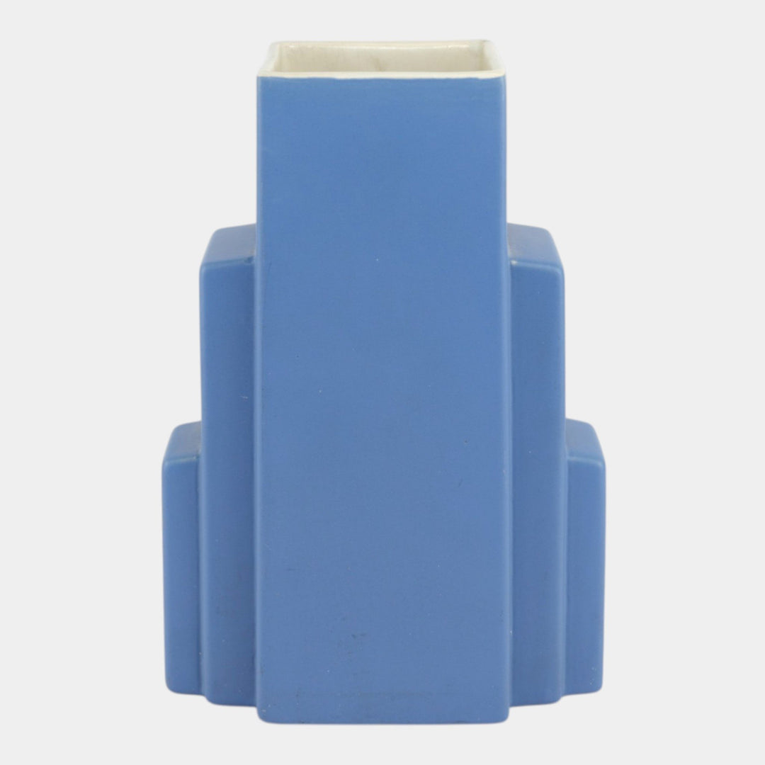 Coors Colorado 1940s Vintage Art Deco Pottery Matte Blue Stepped Skyscraper Vase - Just Art Pottery