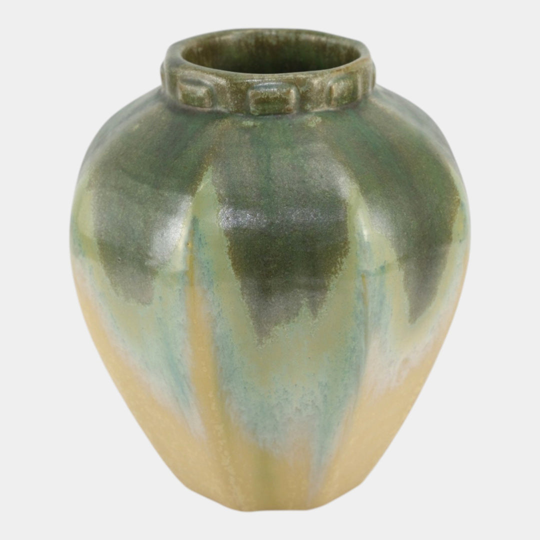 Fulper 1917-1927 Arts And Crafts Pottery Green Yellow Collared Vase 511 - Just Art Pottery