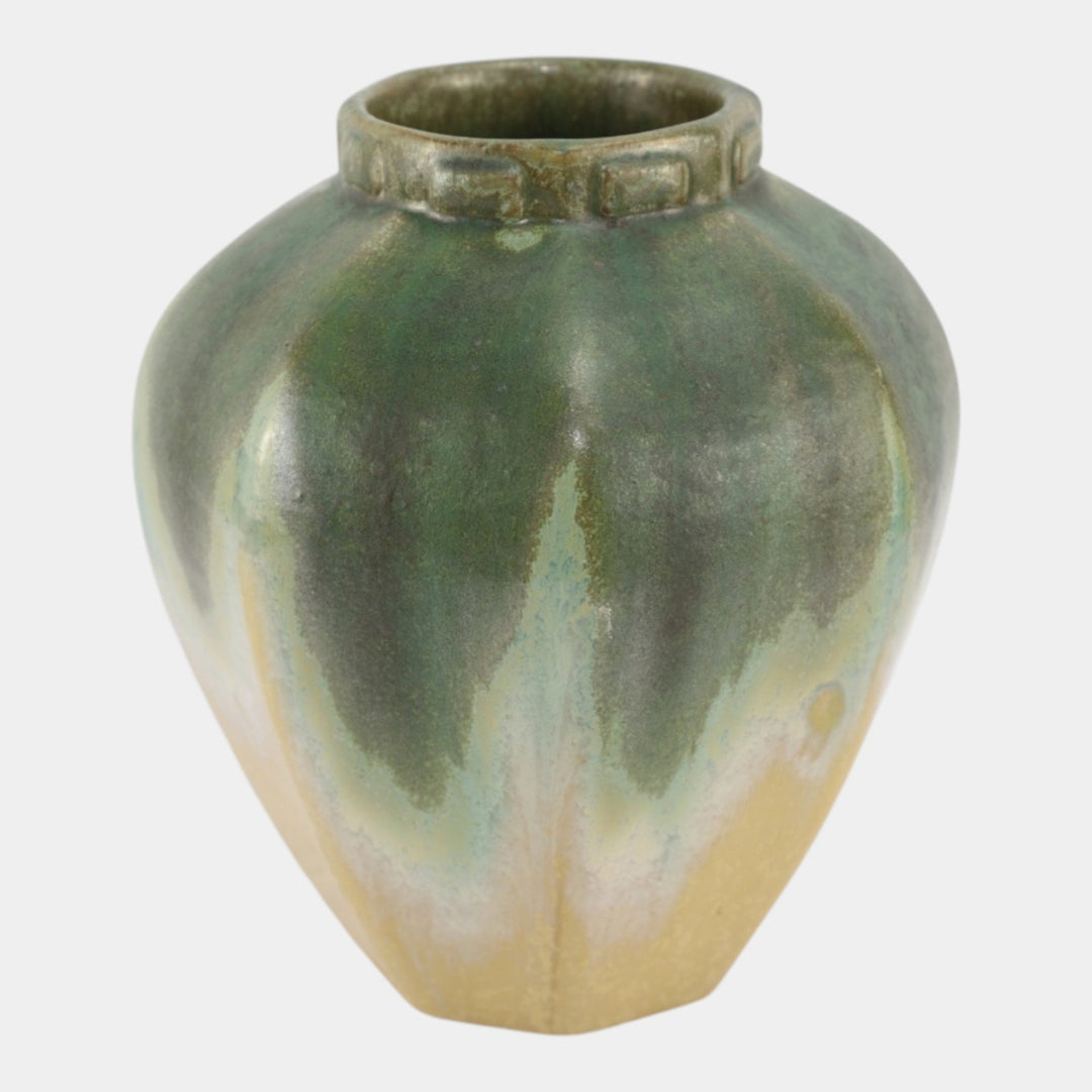 Fulper 1917-1927 Arts And Crafts Pottery Green Yellow Collared Vase 511 - Just Art Pottery