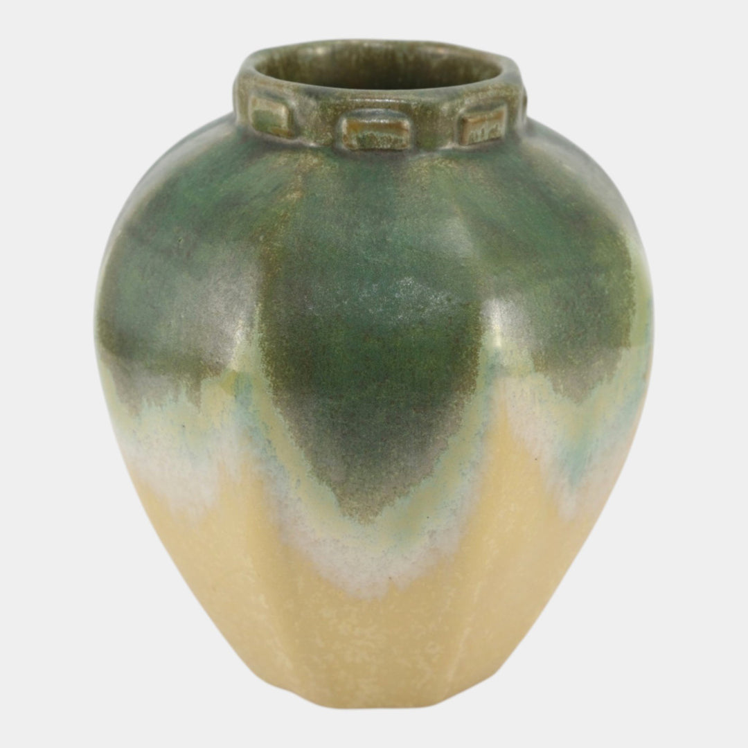 Fulper 1917-1927 Arts And Crafts Pottery Green Yellow Collared Vase 511 - Just Art Pottery