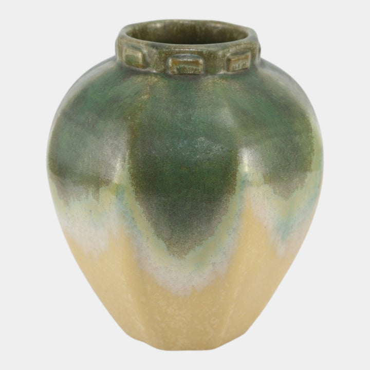 Fulper 1917-1927 Arts And Crafts Pottery Green Yellow Collared Vase 511 - Just Art Pottery