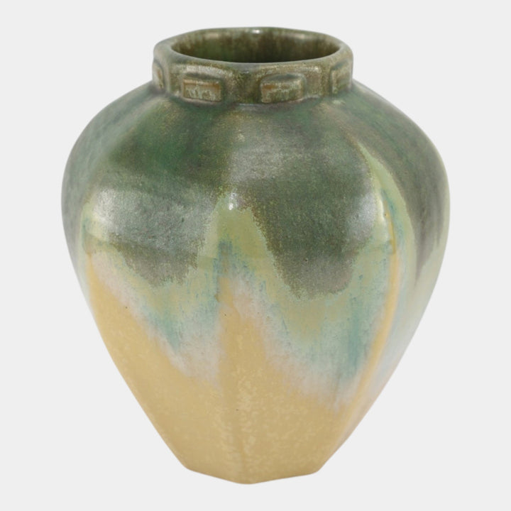 Fulper 1917-1927 Arts And Crafts Pottery Green Yellow Collared Vase 511 - Just Art Pottery