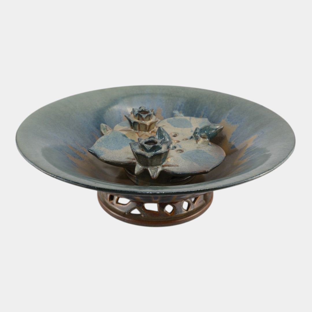 Fulper 1917-1934 Art Pottery Large Reticulated Bowl T68 And Lily Pad Flower Frog
