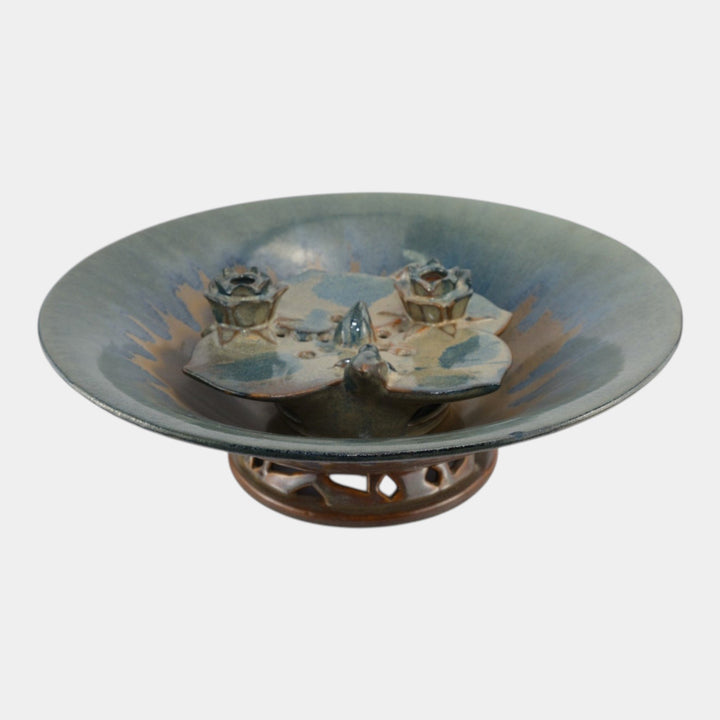 Fulper 1917-1934 Art Pottery Large Reticulated Bowl T68 And Lily Pad Flower Frog