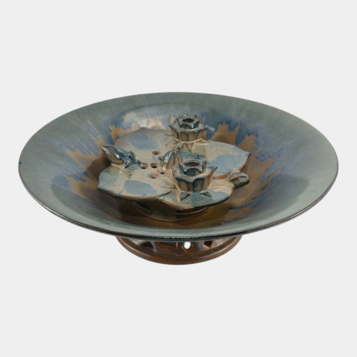 Fulper 1917-1934 Art Pottery Large Reticulated Bowl T68 And Lily Pad Flower Frog