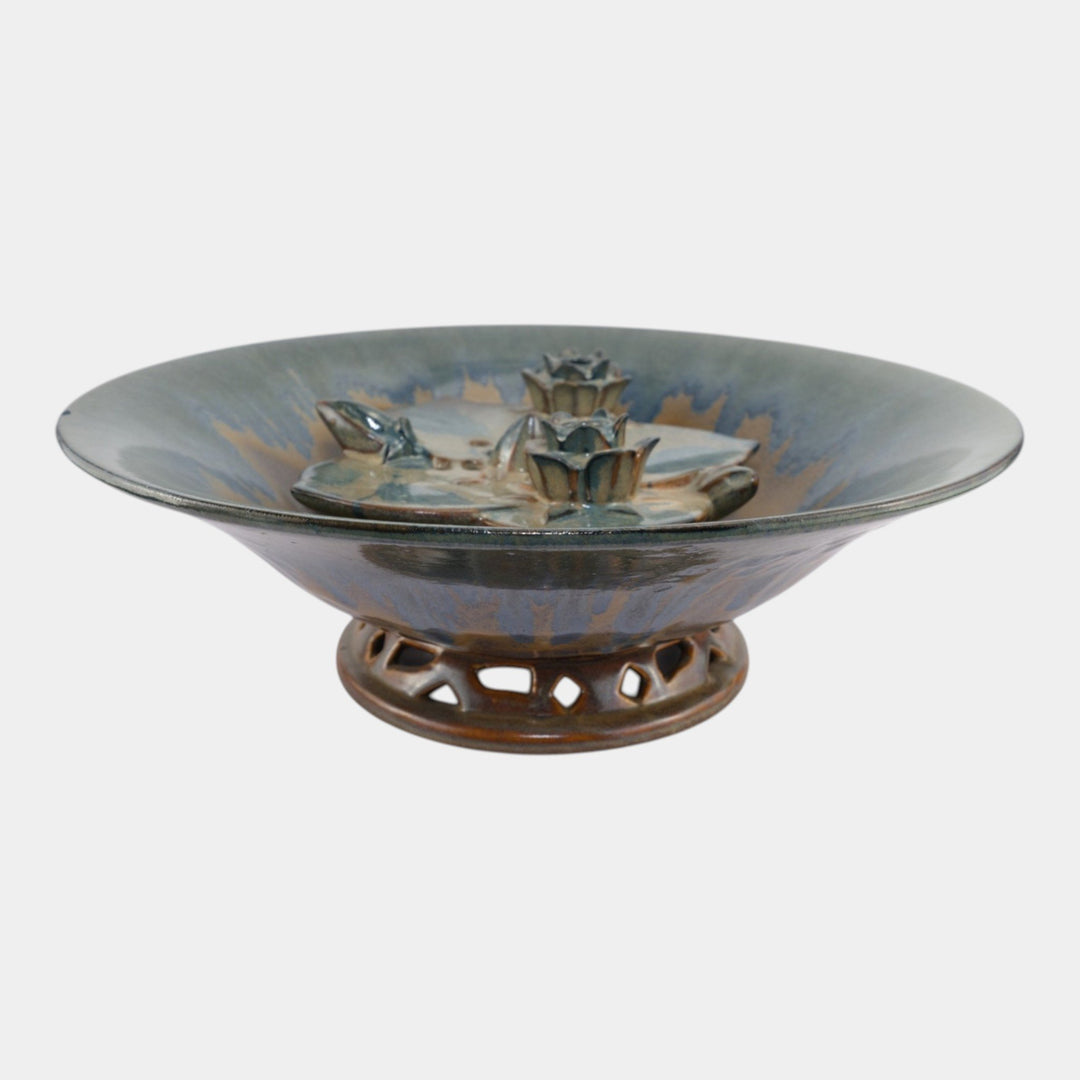 Fulper 1917-1934 Art Pottery Large Reticulated Bowl T68 And Lily Pad Flower Frog