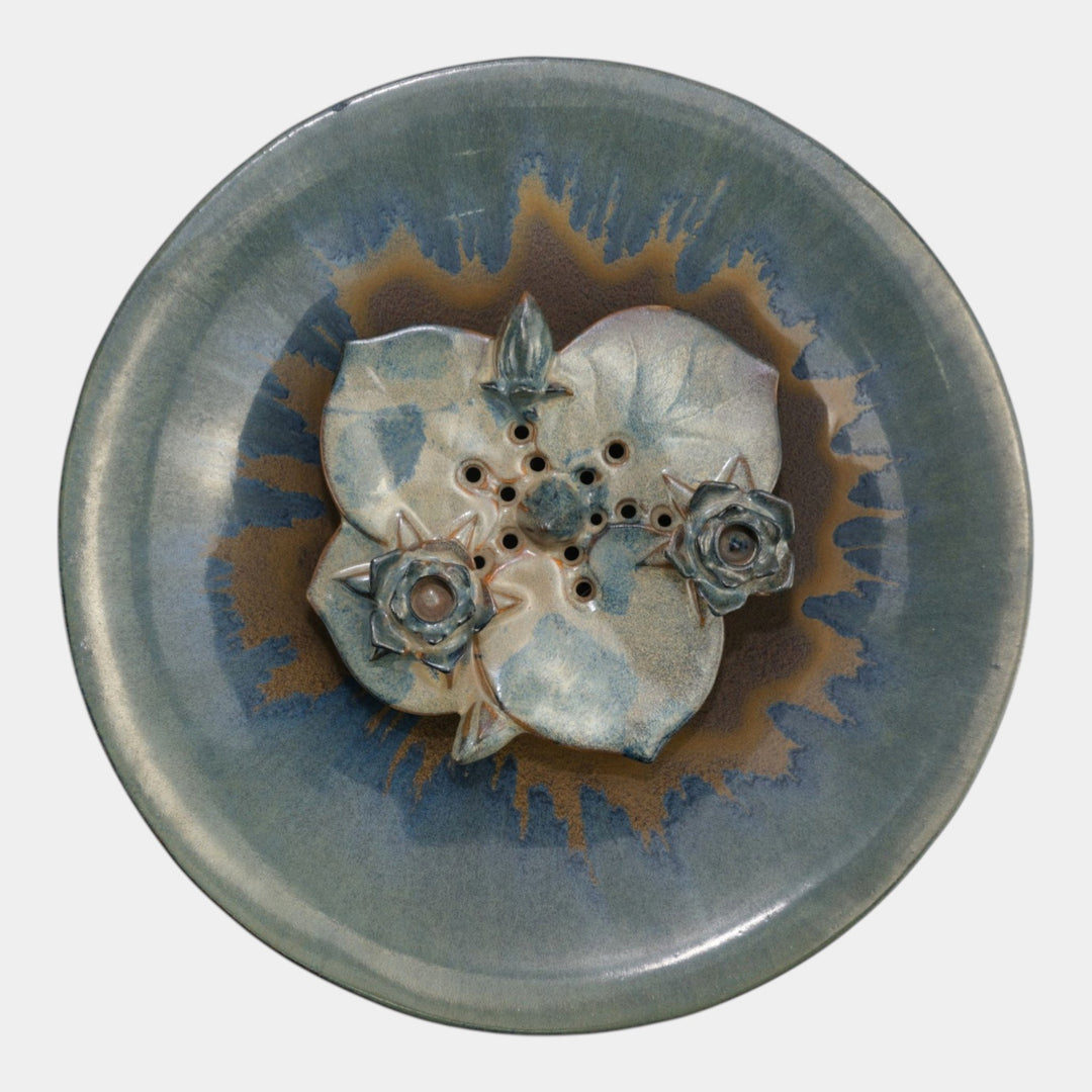 Fulper 1917-1934 Art Pottery Large Reticulated Bowl T68 And Lily Pad Flower Frog