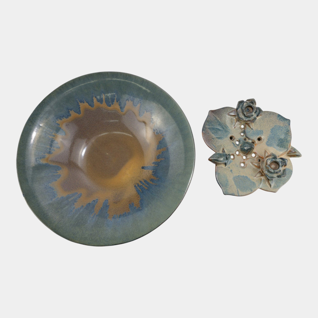 Fulper 1917-1934 Art Pottery Large Reticulated Bowl T68 And Lily Pad Flower Frog