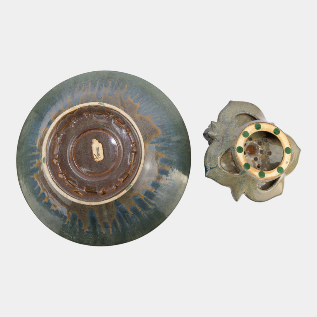 Fulper 1917-1934 Art Pottery Large Reticulated Bowl T68 And Lily Pad Flower Frog