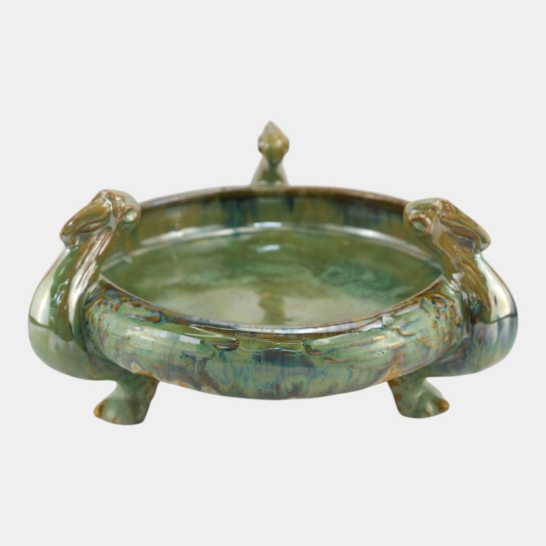 Fulper 1917-27 Arts And Crafts Pottery Green Brown Flambe Ibis Footed Bowl 500 - Just Art Pottery