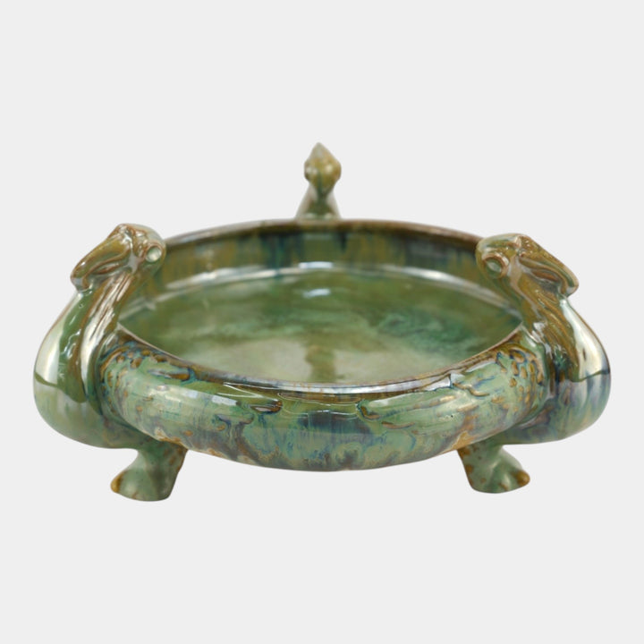 Fulper 1917-27 Arts And Crafts Pottery Green Brown Flambe Ibis Footed Bowl 500 - Just Art Pottery