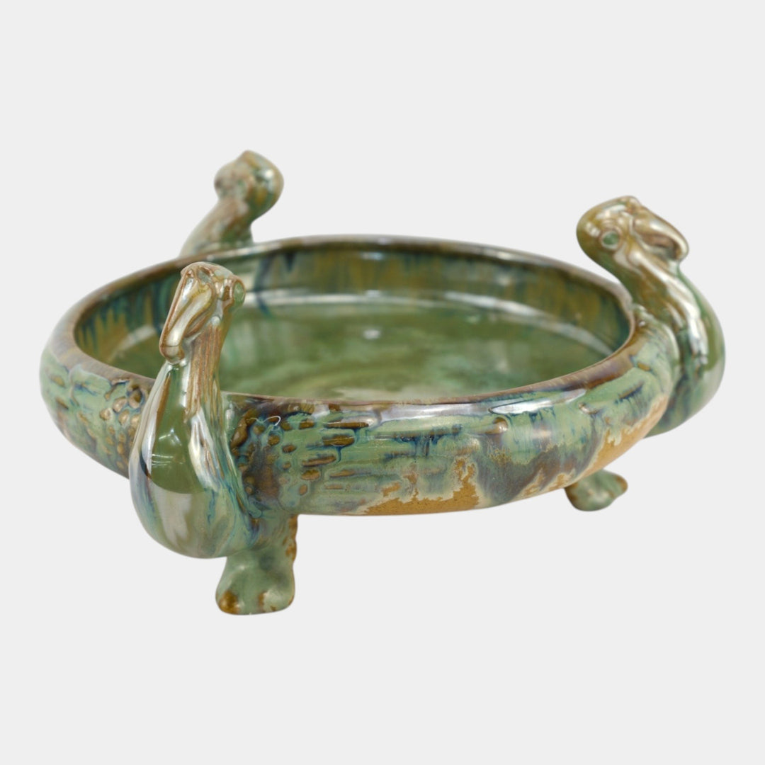 Fulper 1917-27 Arts And Crafts Pottery Green Brown Flambe Ibis Footed Bowl 500 - Just Art Pottery