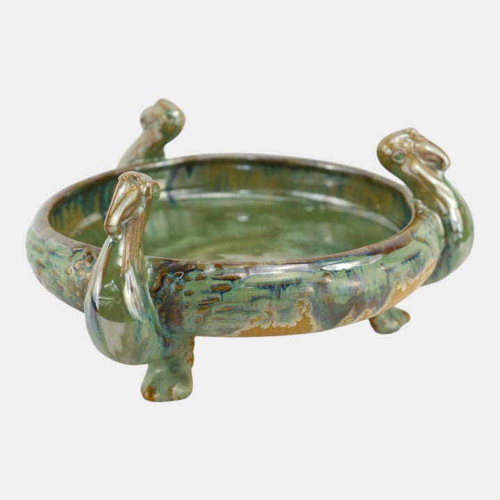 Fulper 1917-27 Arts And Crafts Pottery Green Brown Flambe Ibis Footed Bowl 500 - Just Art Pottery