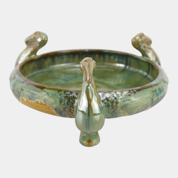 Fulper 1917-27 Arts And Crafts Pottery Green Brown Flambe Ibis Footed Bowl 500 - Just Art Pottery