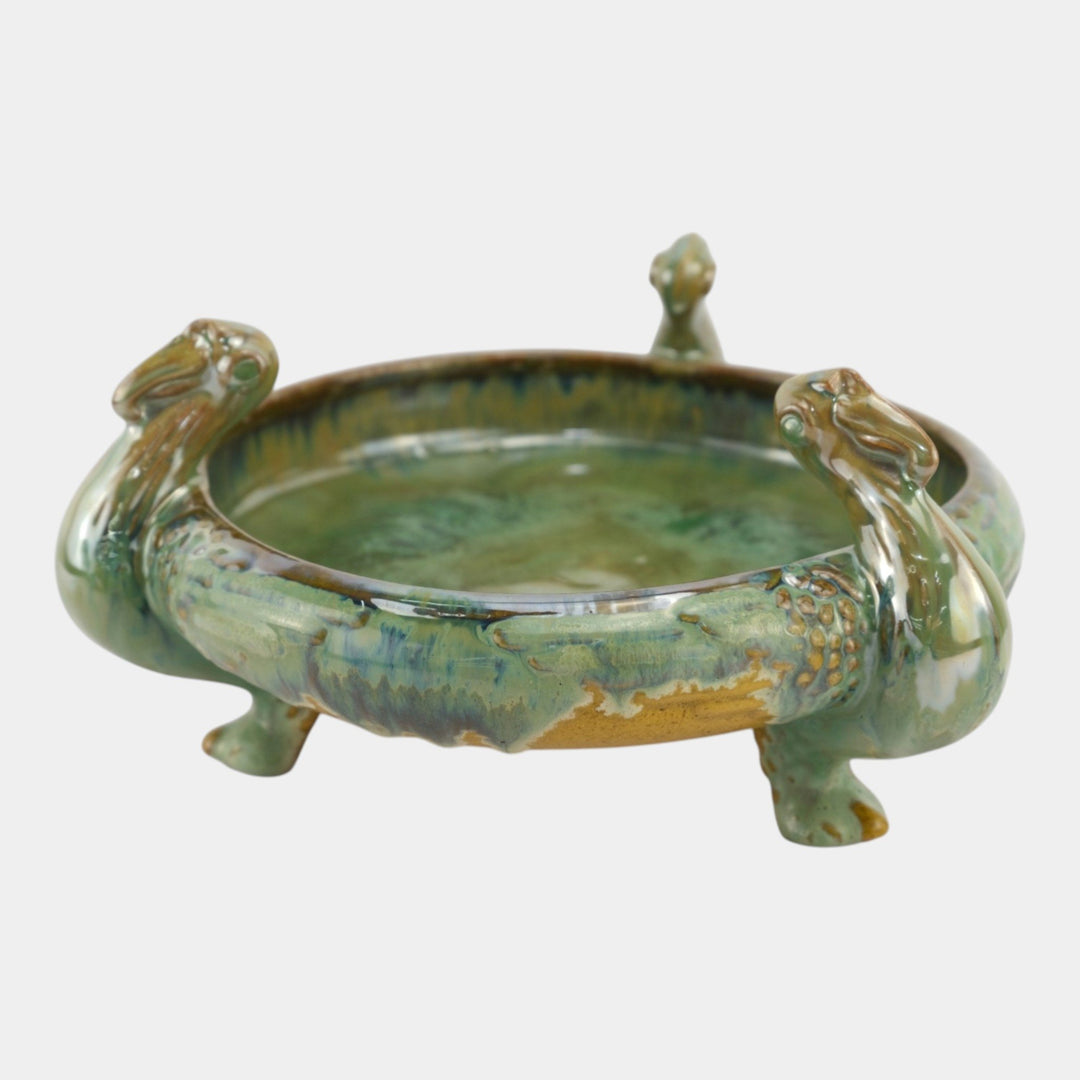 Fulper 1917-27 Arts And Crafts Pottery Green Brown Flambe Ibis Footed Bowl 500 - Just Art Pottery