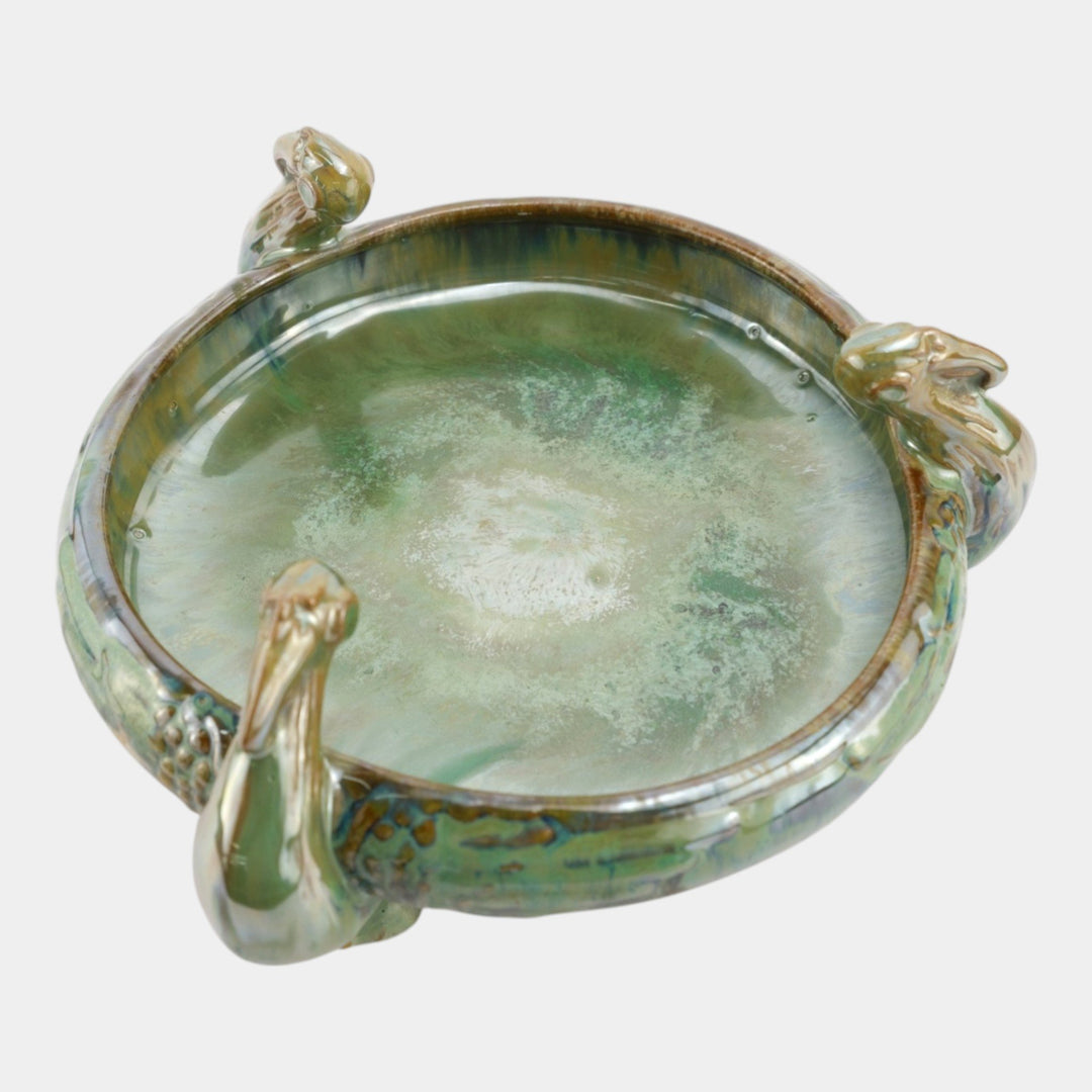 Fulper 1917-27 Arts And Crafts Pottery Green Brown Flambe Ibis Footed Bowl 500 - Just Art Pottery