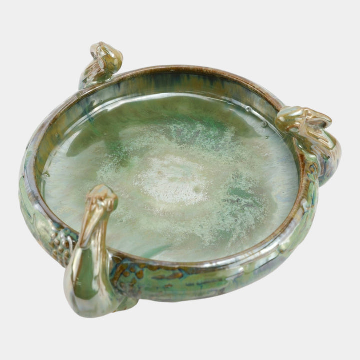 Fulper 1917-27 Arts And Crafts Pottery Green Brown Flambe Ibis Footed Bowl 500 - Just Art Pottery