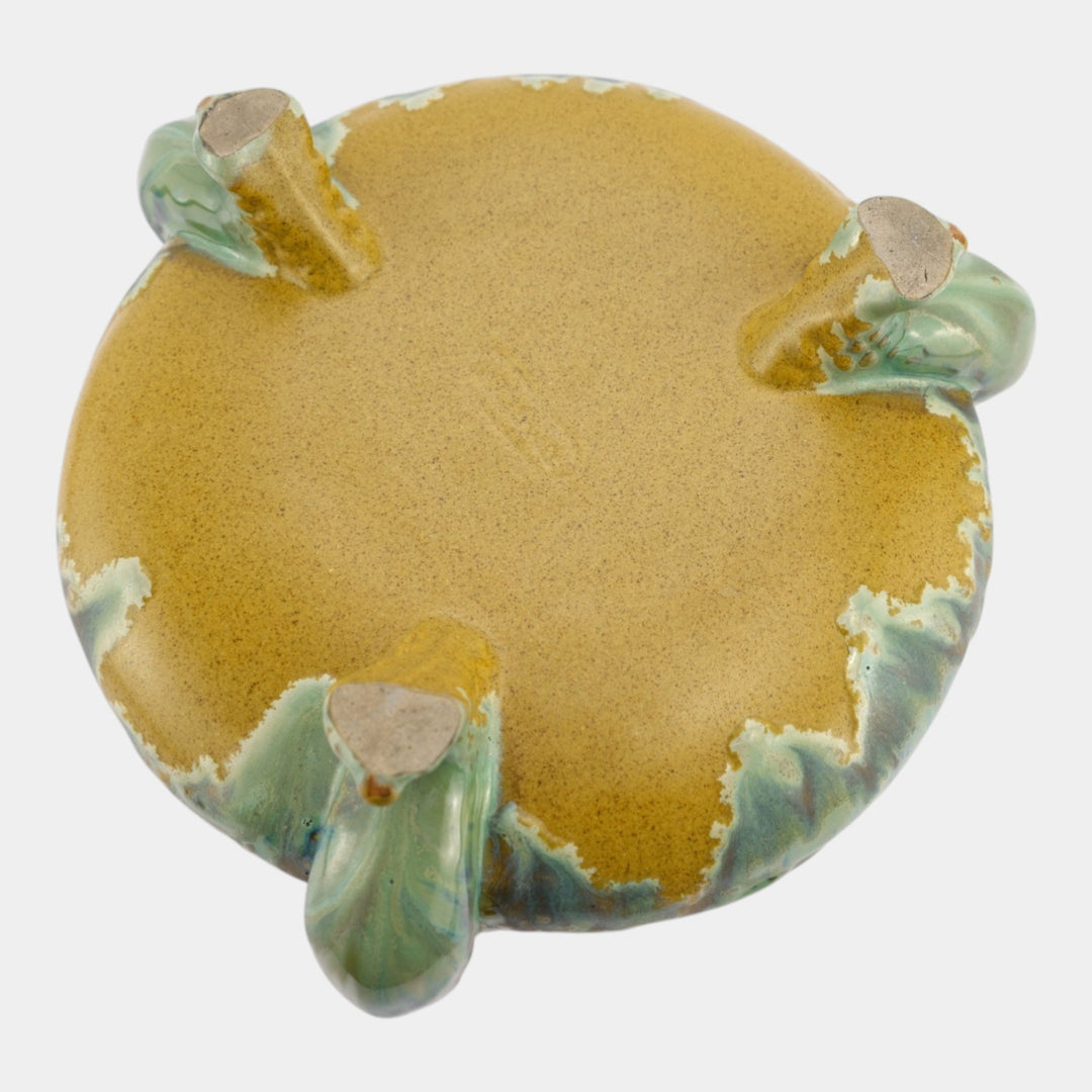 Fulper 1917-27 Arts And Crafts Pottery Green Brown Flambe Ibis Footed Bowl 500 - Just Art Pottery