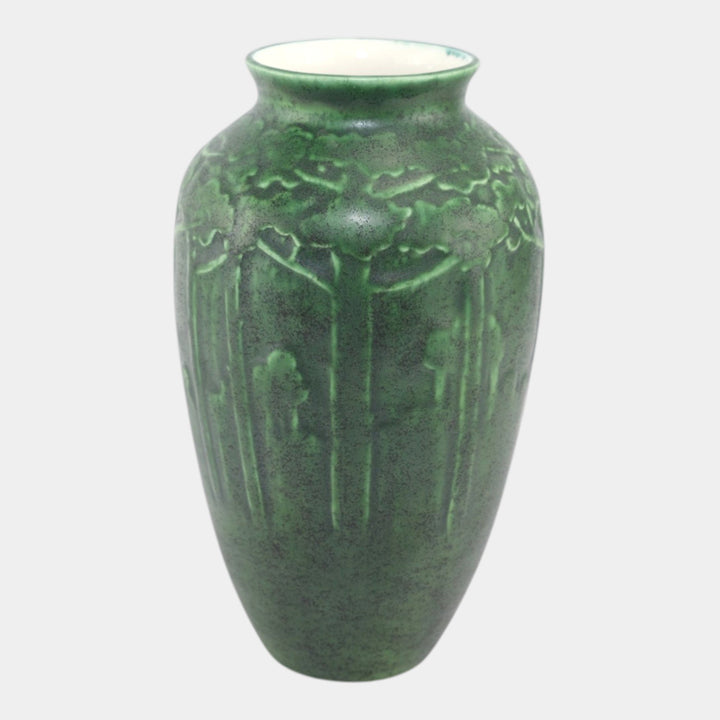 Ken Tracy 2017 Studio Art Pottery Hand Made Green Carved Trees Ceramic Vase