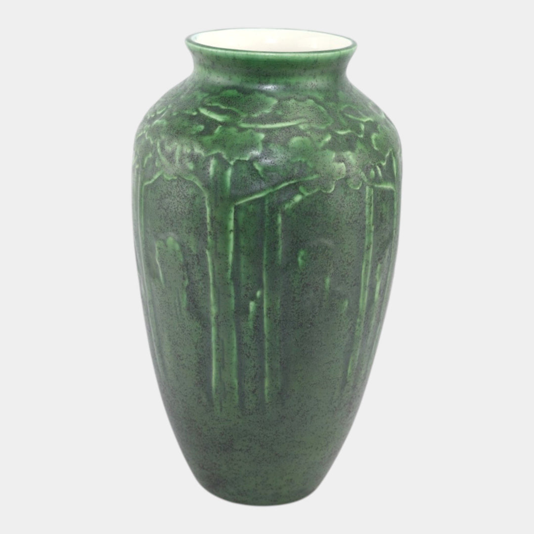 Ken Tracy 2017 Studio Art Pottery Hand Made Green Carved Trees Ceramic Vase