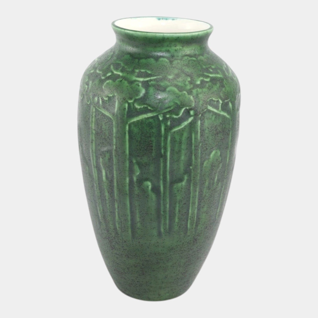 Ken Tracy 2017 Studio Art Pottery Hand Made Green Carved Trees Ceramic Vase