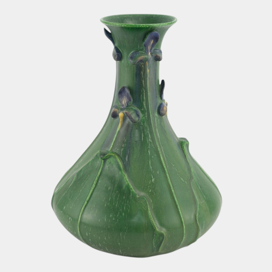 Ephraim Faience 2008 Hand Made Art Pottery Green Large Wild Iris Vase 316 - Just Art Pottery